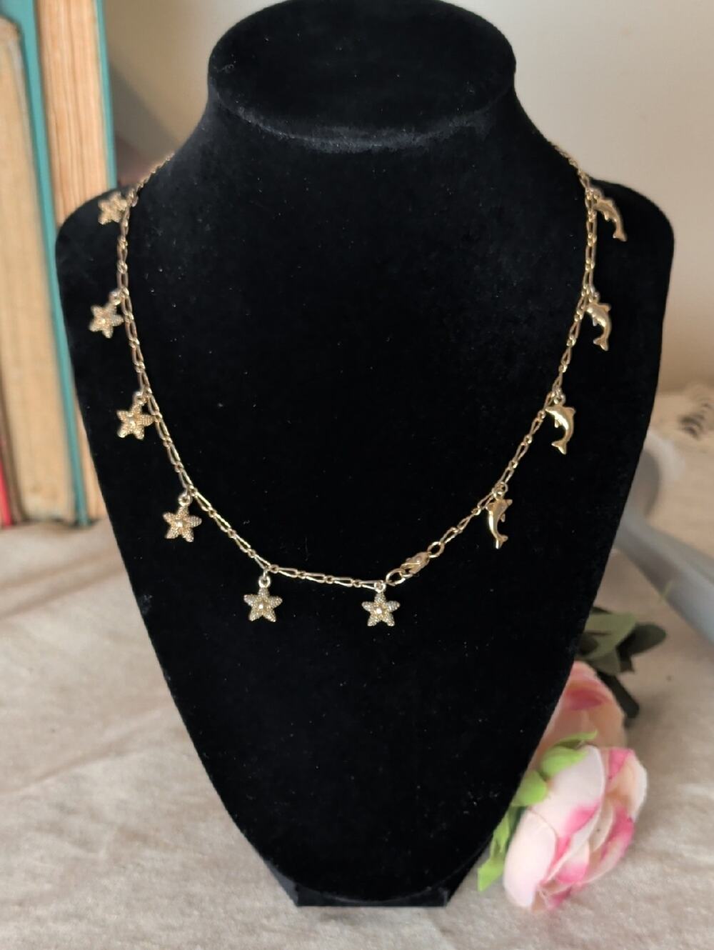 Vintage Dolphin & Star Charm Necklace Gold Tone Coastal Y2K Bracelet / Anklet